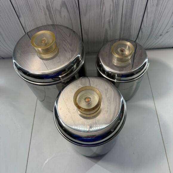Revere Ware Set 3 Stainless Steel Canisters MCM Lucite Tops Storage Stackable - Picture 2 of 16